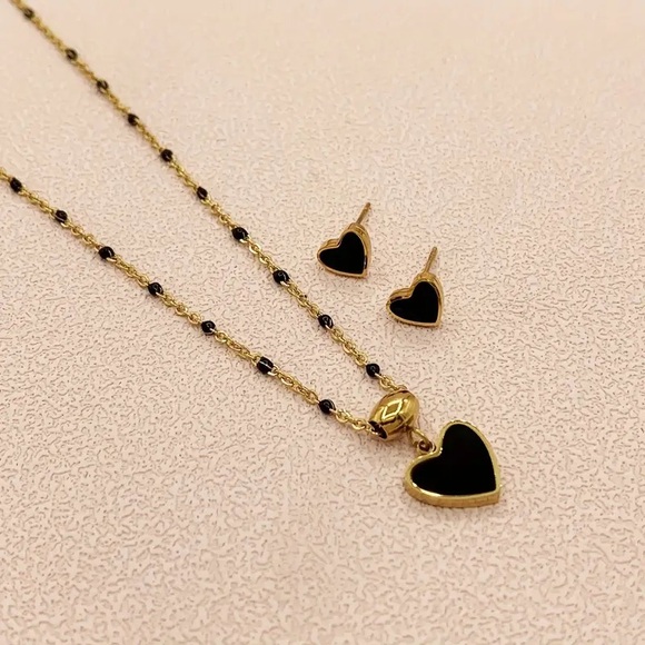 Gold and Black Heart Necklace and Earrings Set - Picture 3 of 5
